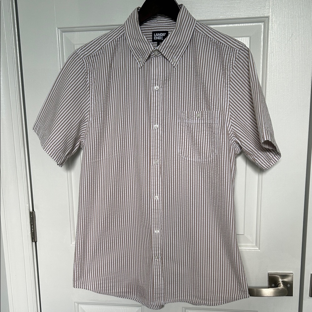 Lands' End Men's Casual Striped Shirt - Tan and White